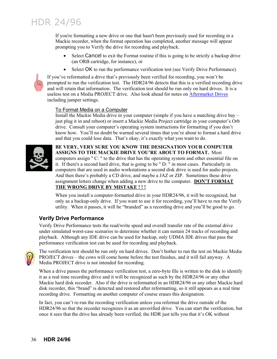To format media on a computer, Verify drive performance, Hdr 24/96 | MACKIE HDR24/96 User Manual | Page 36 / 226