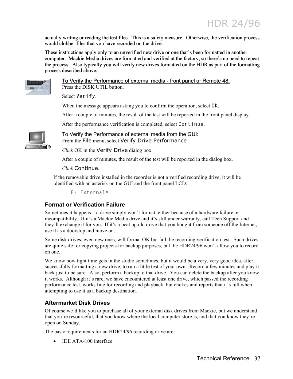 Format or verification failure, Aftermarket disk drives, Hdr 24/96 | MACKIE HDR24/96 User Manual | Page 37 / 226
