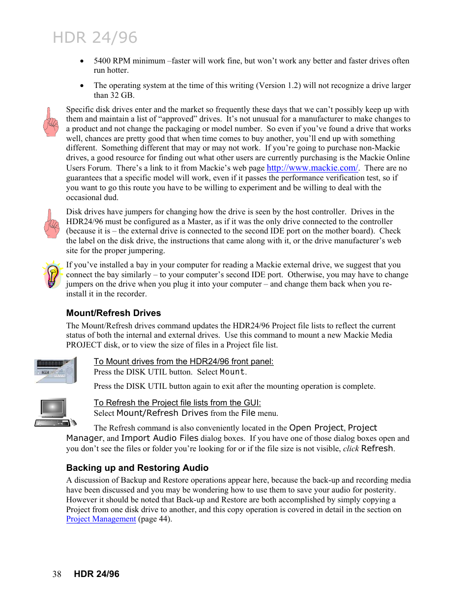 Mount/refresh drives, To mount drives from the hdr24/96 front panel, To refresh the project file lists from the gui | Backing up and restoring audio, Hdr 24/96 | MACKIE HDR24/96 User Manual | Page 38 / 226