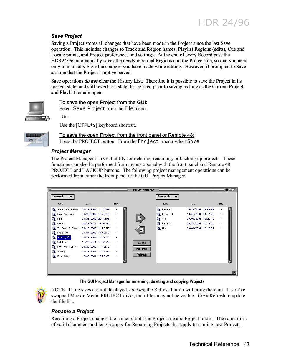 Save project, To save the open project from the gui, Project manager | Rename a project, Hdr 24/96 | MACKIE HDR24/96 User Manual | Page 43 / 226