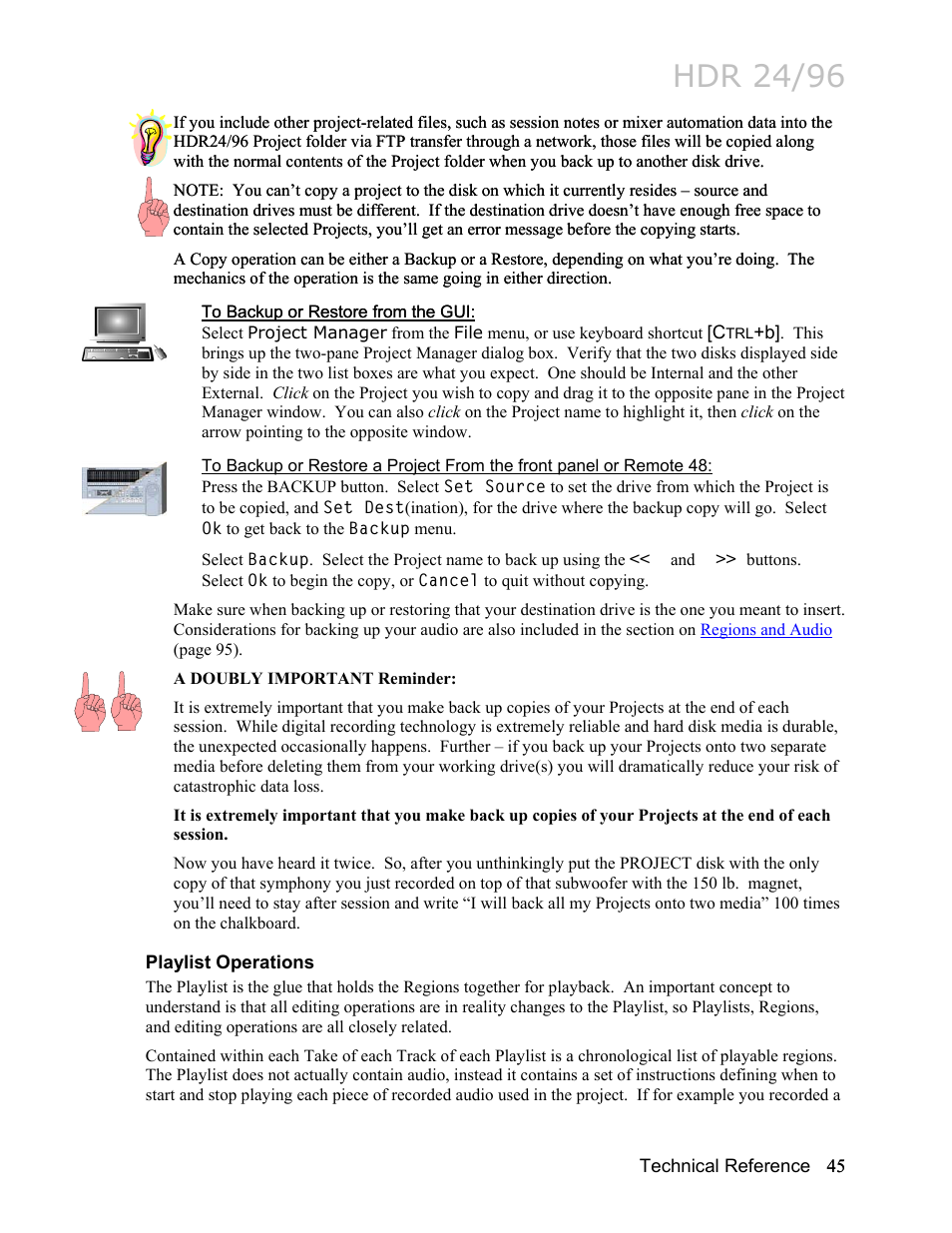 To backup or restore from the gui, Playlist operations, Hdr 24/96 | MACKIE HDR24/96 User Manual | Page 45 / 226