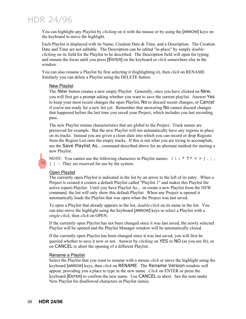 New playlist, Open playlist, Rename a playlist | Hdr 24/96 | MACKIE HDR24/96 User Manual | Page 48 / 226