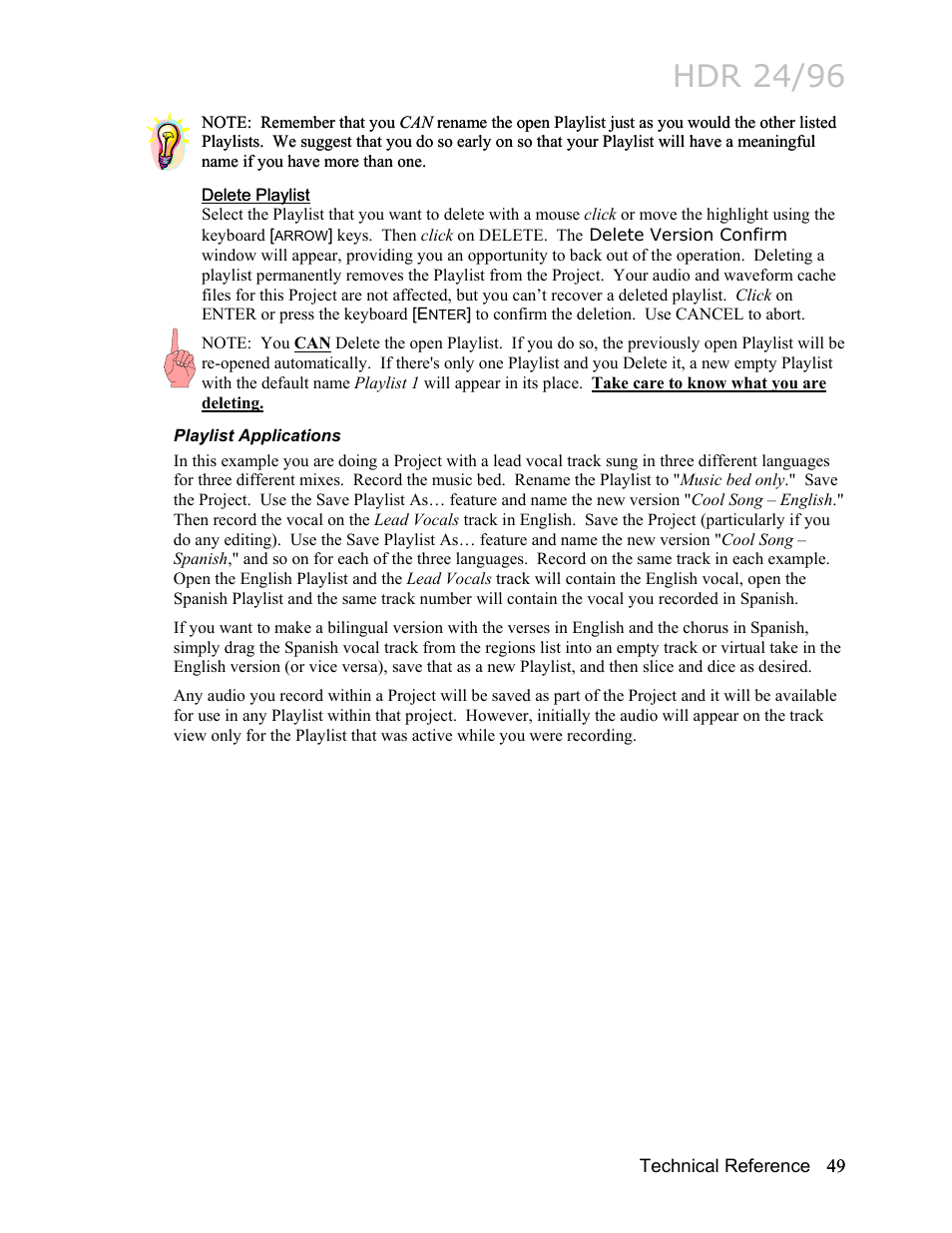 Delete playlist, Playlist applications, Hdr 24/96 | MACKIE HDR24/96 User Manual | Page 49 / 226