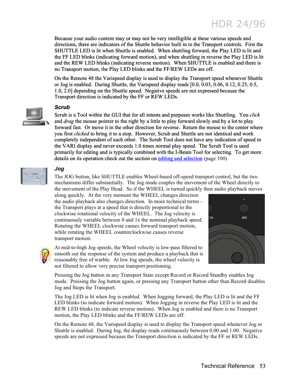 Scrub, Scrub 53, Jog 53 | Hdr 24/96 | MACKIE HDR24/96 User Manual | Page 53 / 226