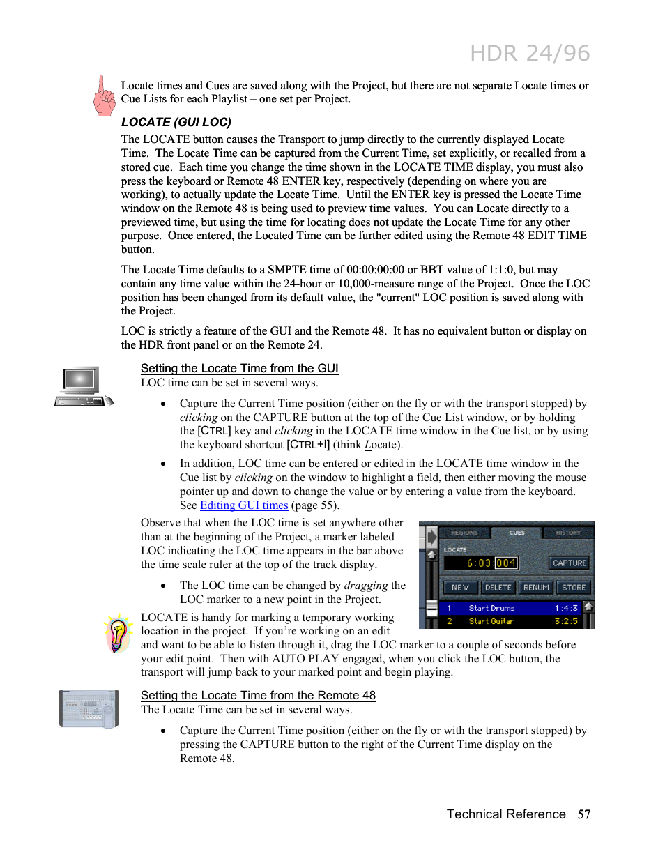 Locate (gui loc), Setting the locate time from the gui, Setting the locate time from the remote 48 | Hdr 24/96 | MACKIE HDR24/96 User Manual | Page 57 / 226