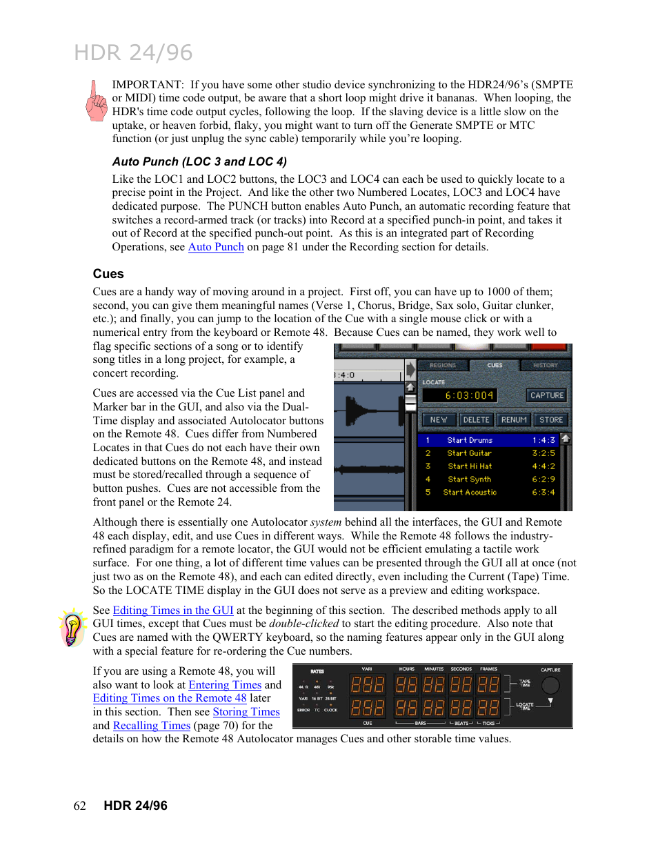 Auto punch (loc 3 and loc 4), Cues, Cues 62 | Board, Hdr 24/96 | MACKIE HDR24/96 User Manual | Page 62 / 226