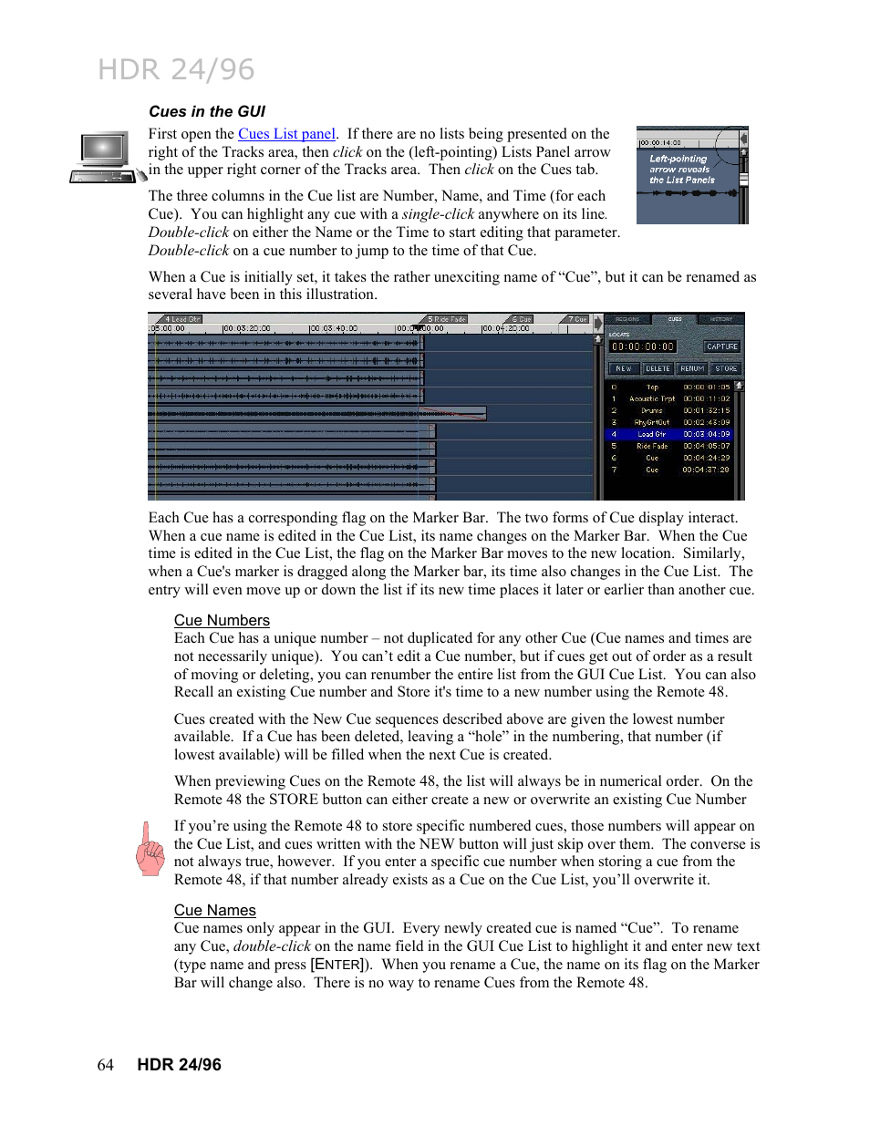 Cues in the gui, Cue numbers, Cue names | Hdr 24/96 | MACKIE HDR24/96 User Manual | Page 64 / 226