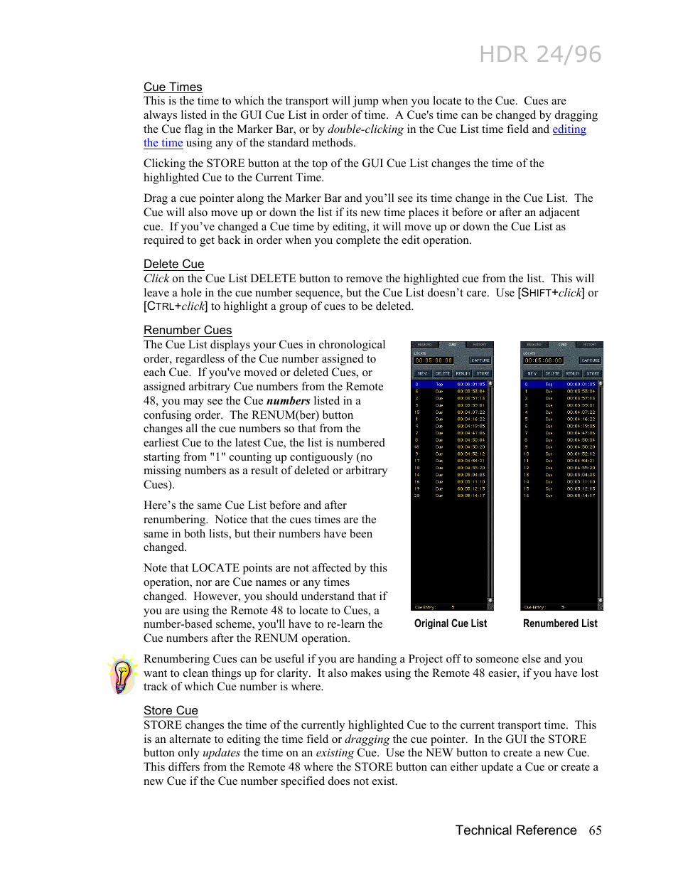 Cue times, Delete cue, Renumber cues | Store cue, Hdr 24/96 | MACKIE HDR24/96 User Manual | Page 65 / 226