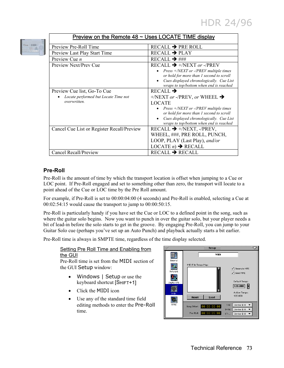 Pre-roll, Setting pre roll time and enabling from the gui, Pre-roll 73 | Hdr 24/96 | MACKIE HDR24/96 User Manual | Page 73 / 226