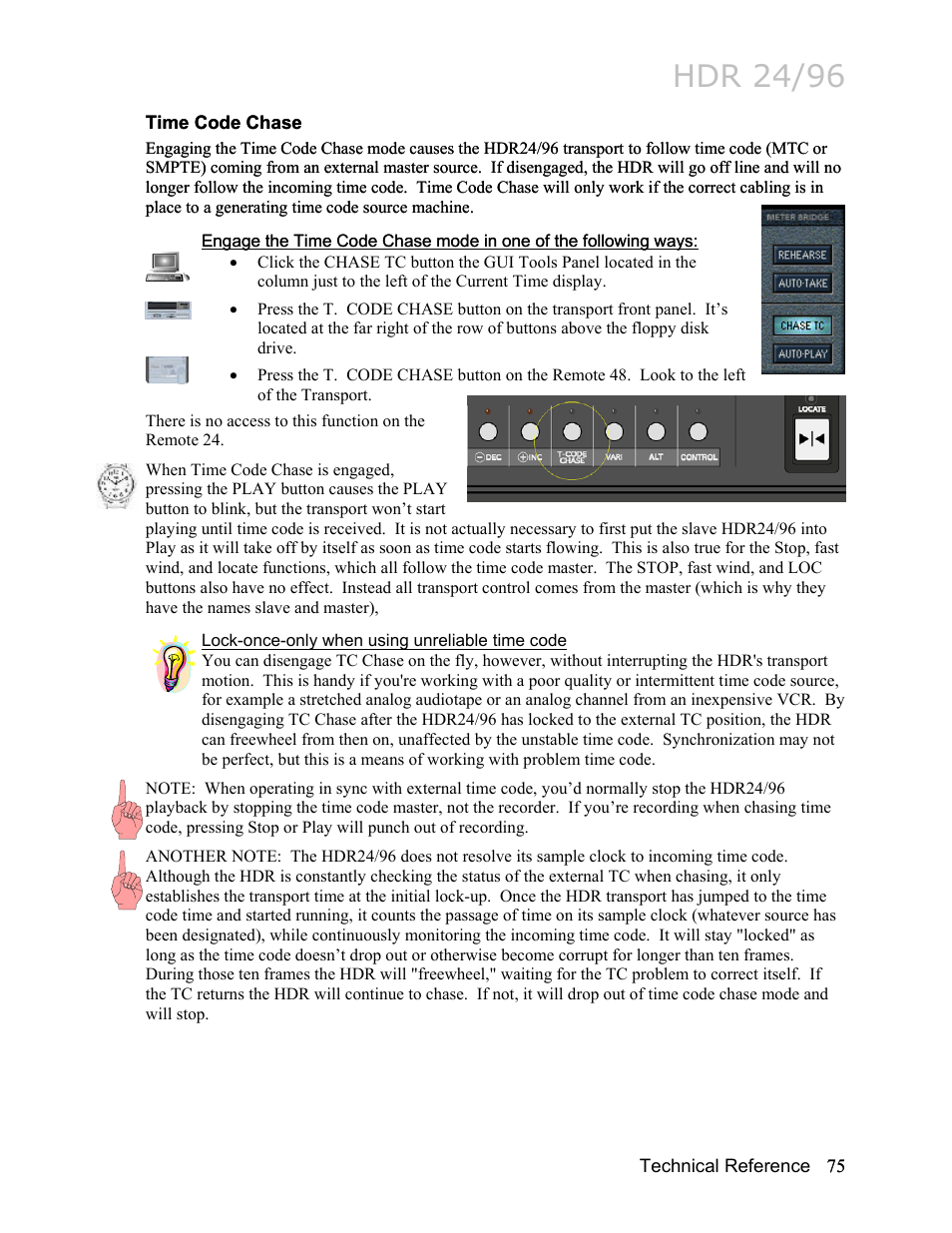 Time code chase, Lock-once-only when using unreliable time code, Hdr 24/96 | MACKIE HDR24/96 User Manual | Page 75 / 226
