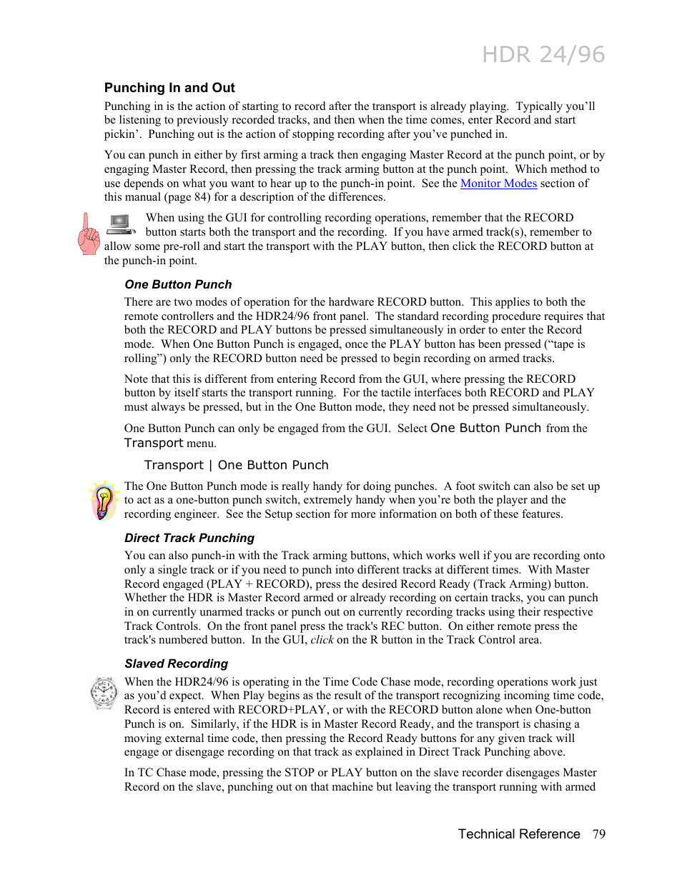 Punching in and out, One button punch, Direct track punching | Slaved recording, Hdr 24/96 | MACKIE HDR24/96 User Manual | Page 79 / 226