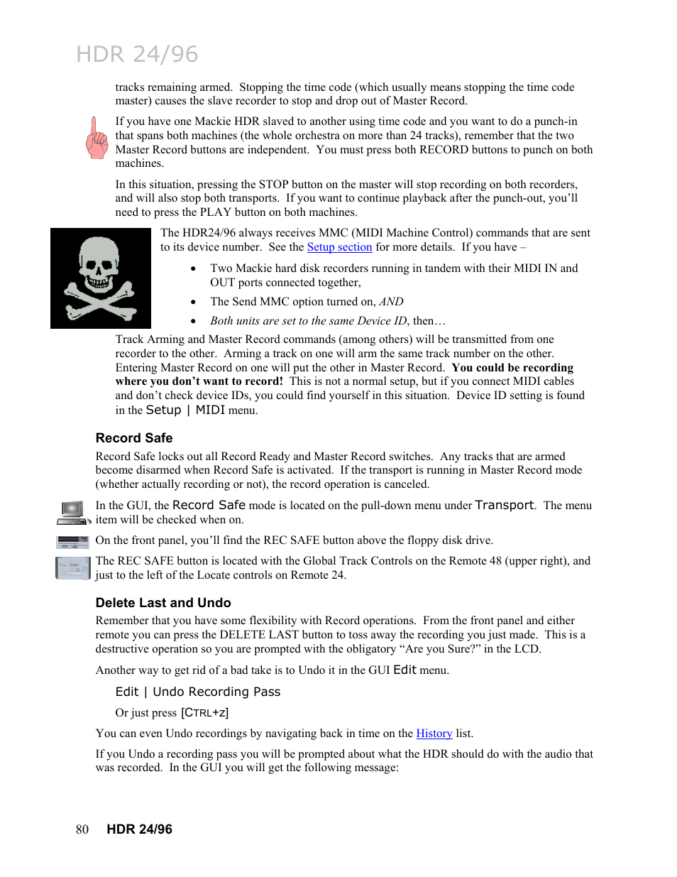 Record safe, Delete last and undo, Hdr 24/96 | MACKIE HDR24/96 User Manual | Page 80 / 226