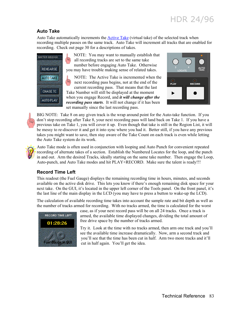Auto take, Record time left, Ined with | Below) functions, Hdr 24/96 | MACKIE HDR24/96 User Manual | Page 83 / 226