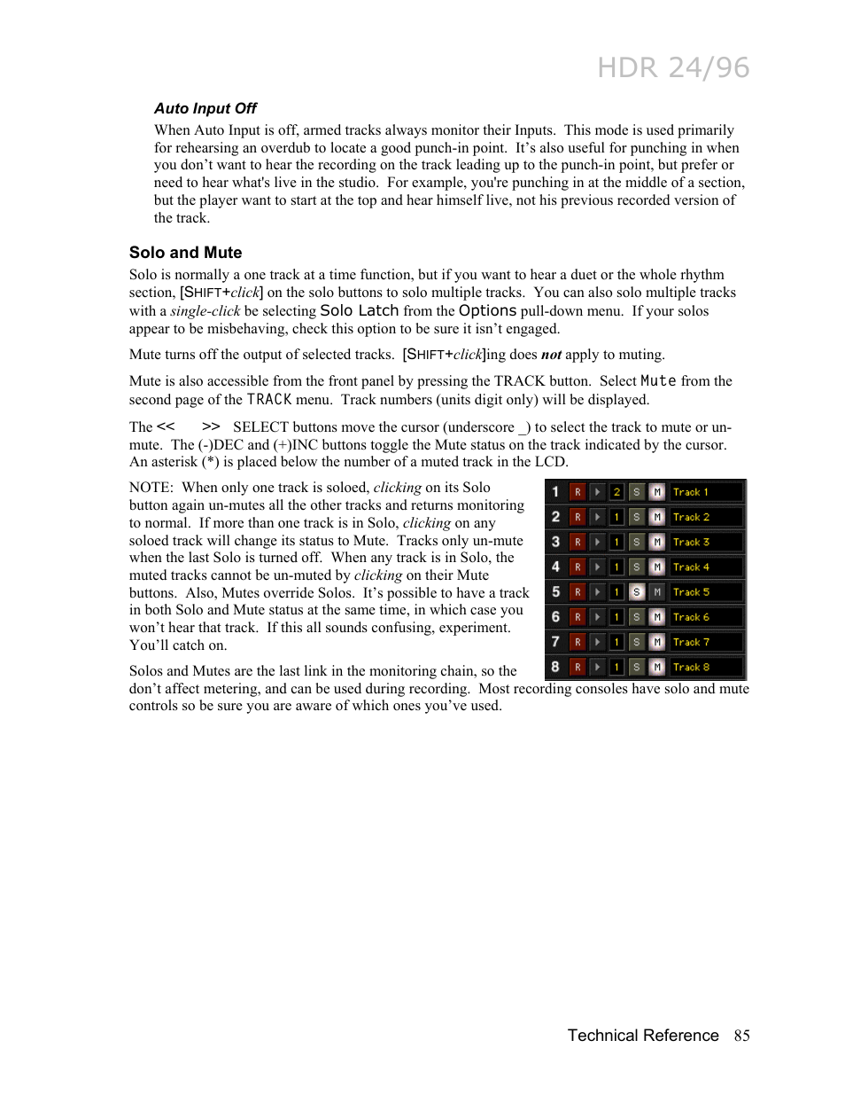 Auto input off, Solo and mute, Hdr 24/96 | MACKIE HDR24/96 User Manual | Page 85 / 226