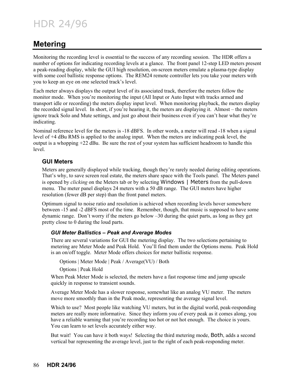 Metering, Gui meters, Gui meter ballistics – peak and average modes | Metering 86, Gui meter ballistics – peak and average modes 86, Hdr 24/96 | MACKIE HDR24/96 User Manual | Page 86 / 226