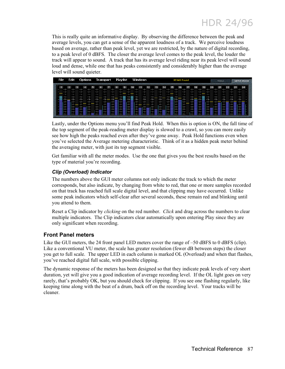 Clip (overload) indicator, Front panel meters, Hdr 24/96 | MACKIE HDR24/96 User Manual | Page 87 / 226