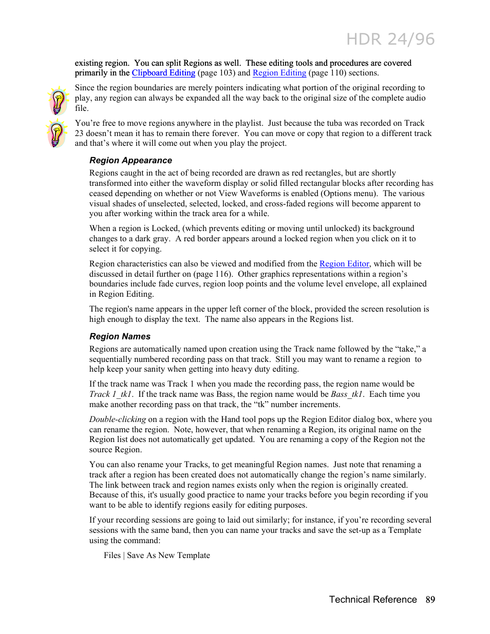 Region appearance, Region names, Ple). more on the | Region, List, Hdr 24/96 | MACKIE HDR24/96 User Manual | Page 89 / 226