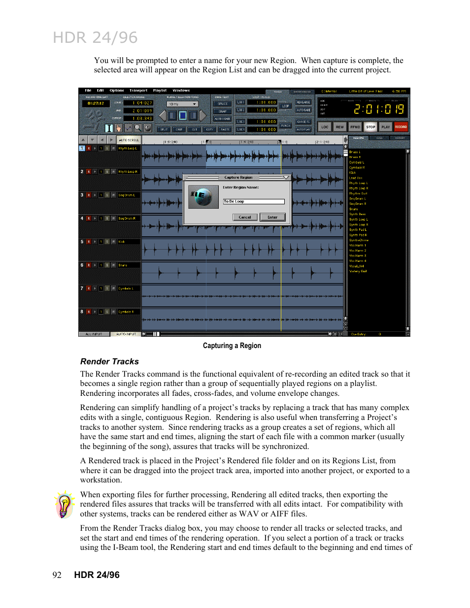 Render tracks, Hdr 24/96 | MACKIE HDR24/96 User Manual | Page 92 / 226