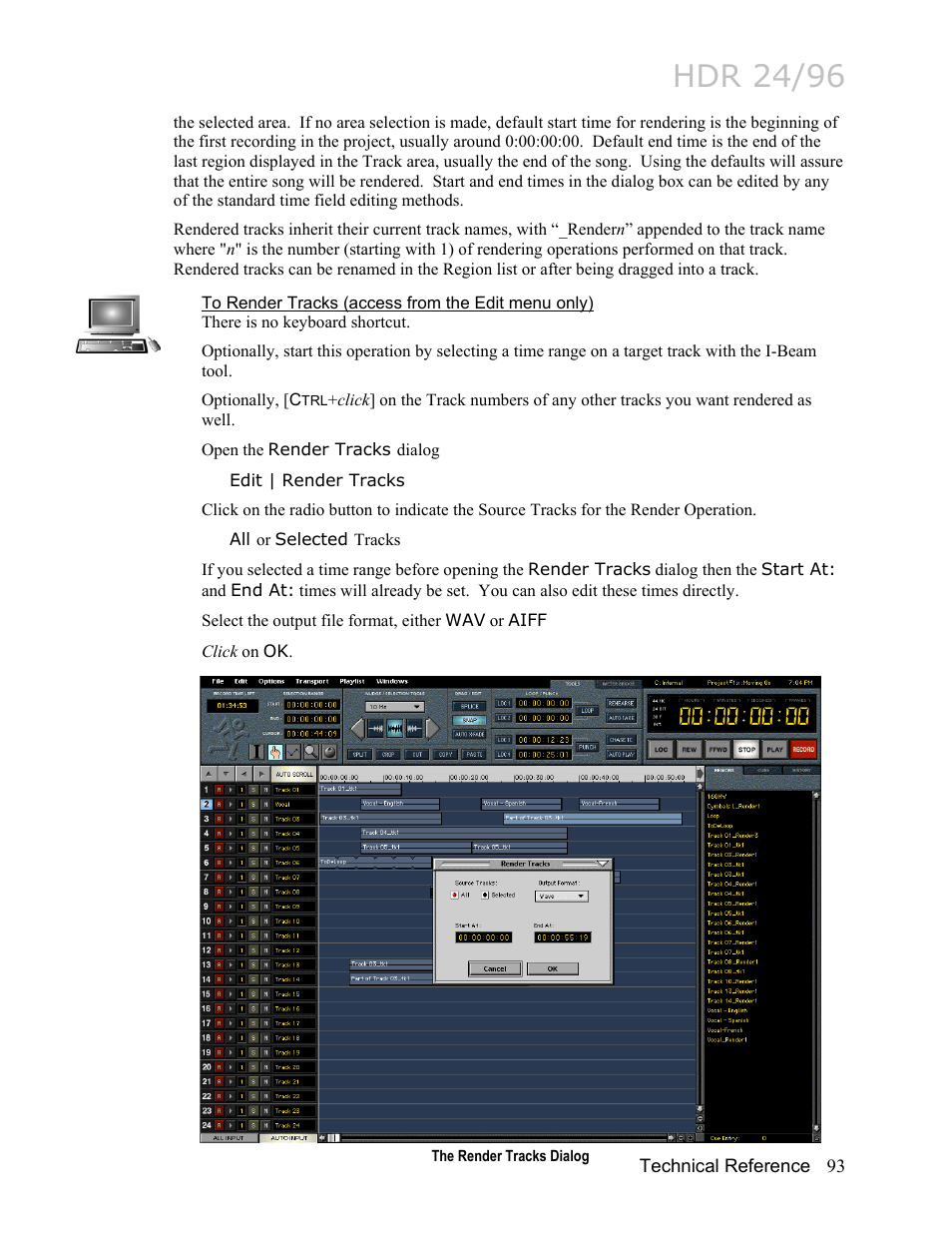 To render tracks (access from the edit menu only), Hdr 24/96 | MACKIE HDR24/96 User Manual | Page 93 / 226