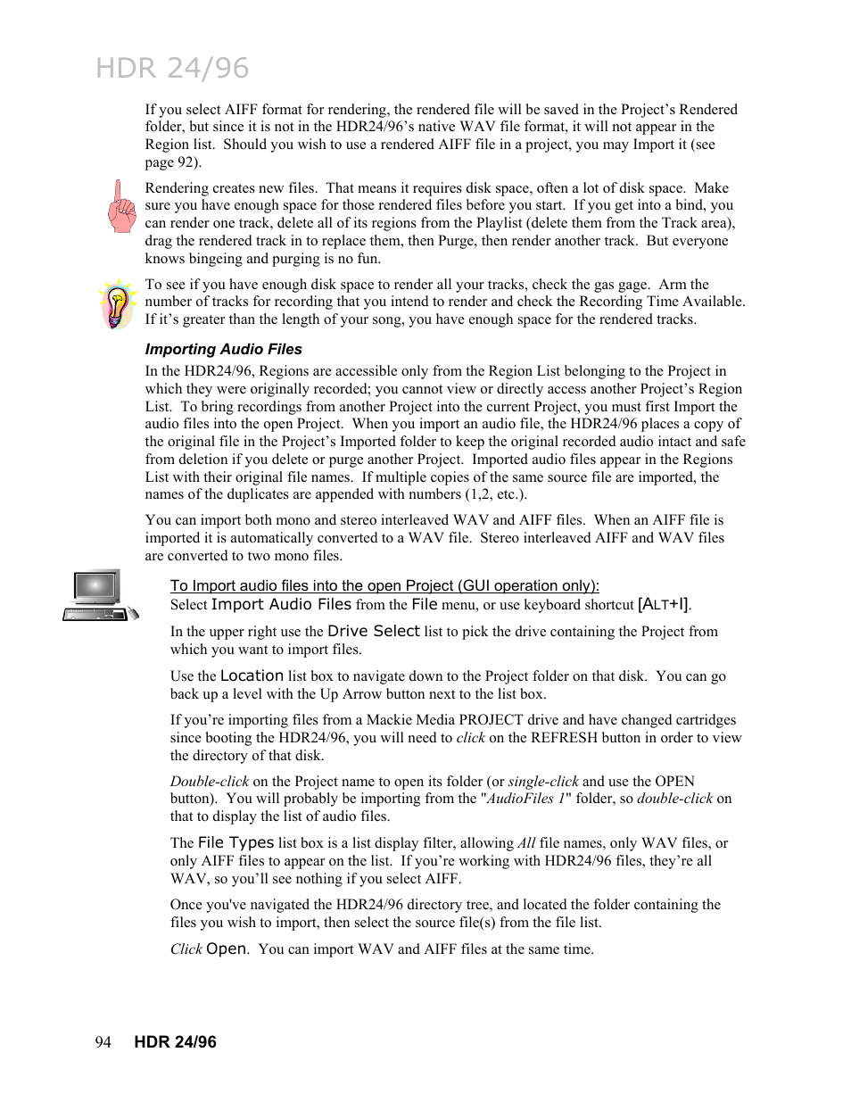 Importing audio files, Hdr 24/96 | MACKIE HDR24/96 User Manual | Page 94 / 226