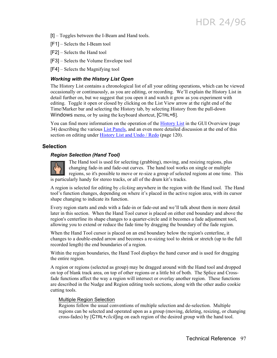 Working with the history list open, Selection, Region selection (hand tool) | Multiple region selection, Selection 97, Hdr 24/96 | MACKIE HDR24/96 User Manual | Page 97 / 226