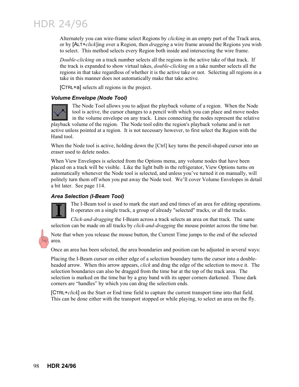 Volume envelope (node tool), Area selection (i-beam tool), Hdr 24/96 | MACKIE HDR24/96 User Manual | Page 98 / 226