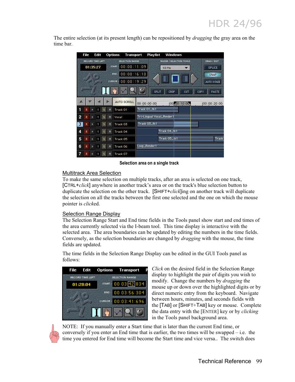 Multitrack area selection, Selection range display, Hdr 24/96 | MACKIE HDR24/96 User Manual | Page 99 / 226