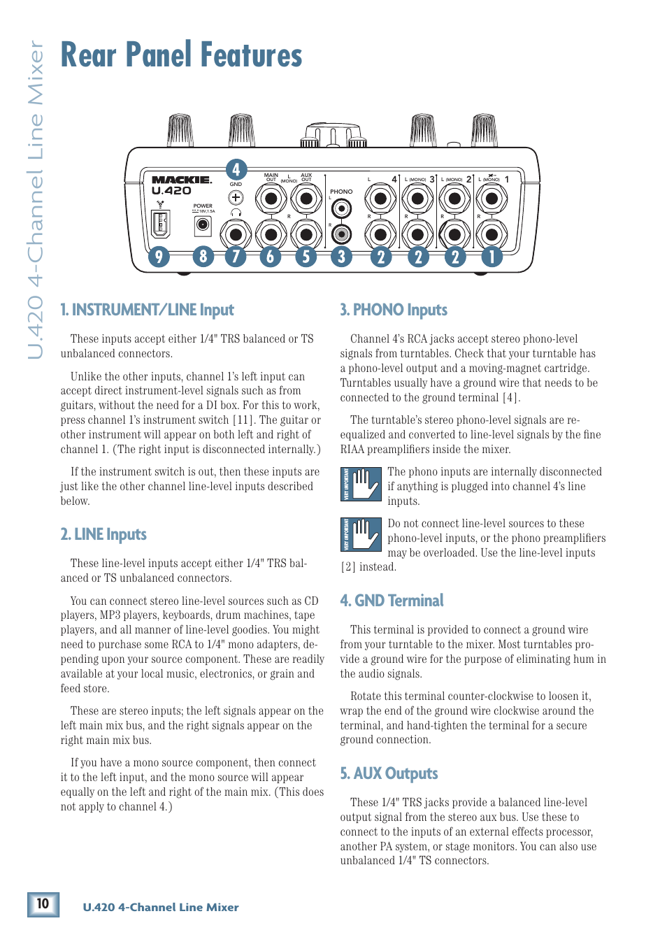 Rear panel features, U. 4 20 4-channel line mix er, Instrument/line input | Line inputs, Phono inputs, Gnd terminal, Aux outputs | MACKIE U.420 User Manual | Page 10 / 28