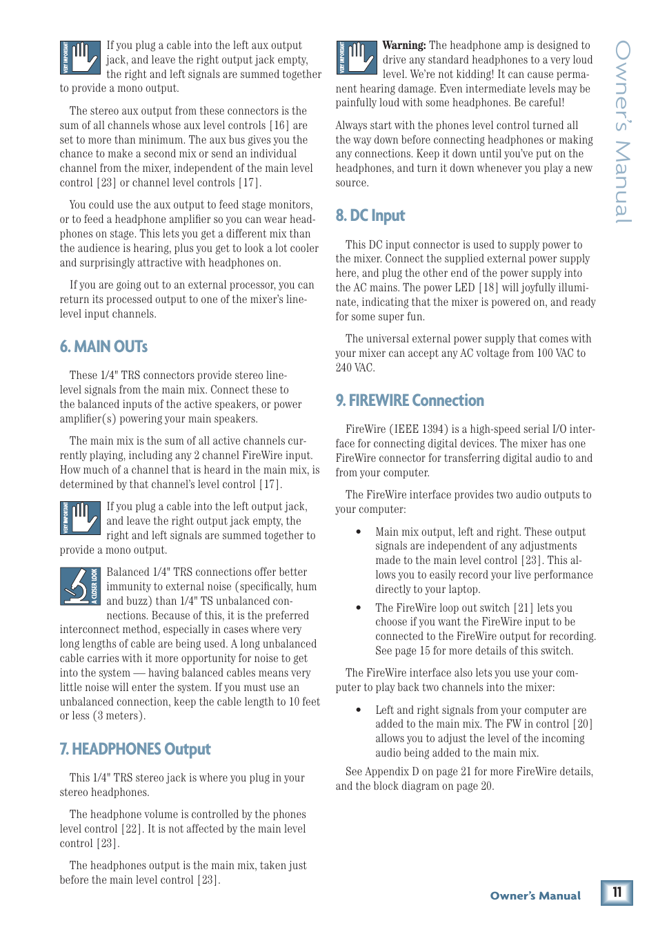 Owner’ s manual, Main outs, Headphones output | Dc input, Firewire connection | MACKIE U.420 User Manual | Page 11 / 28