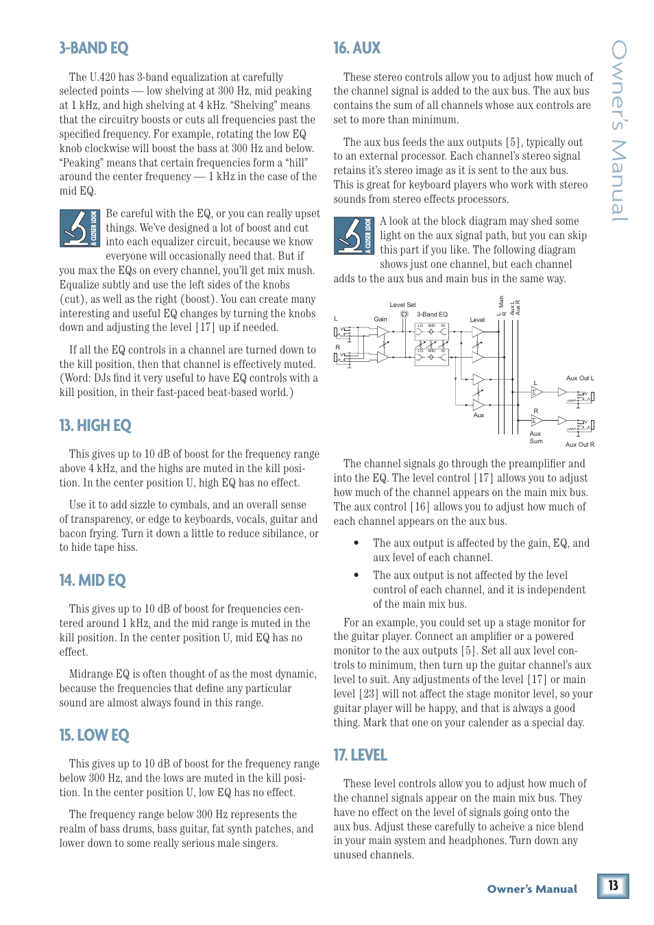 Owner’ s manual, Band eq, High eq | Mid eq, Low eq, Level | MACKIE U.420 User Manual | Page 13 / 28
