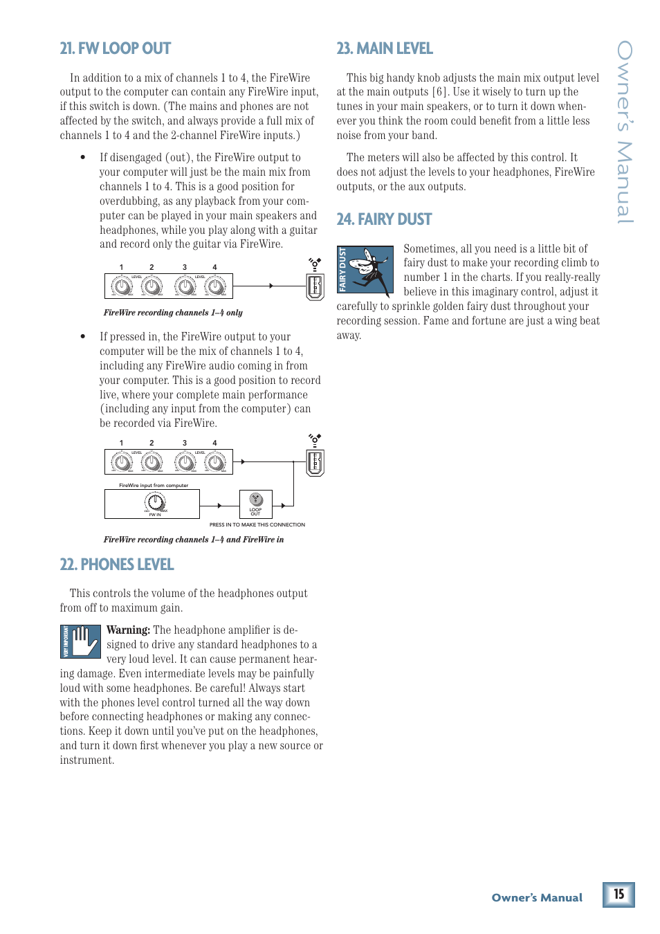 Owner’ s manual, Fw loop out, Phones level | Main level, Fairy dust, Owner’s manual, Fa ir y dust | MACKIE U.420 User Manual | Page 15 / 28