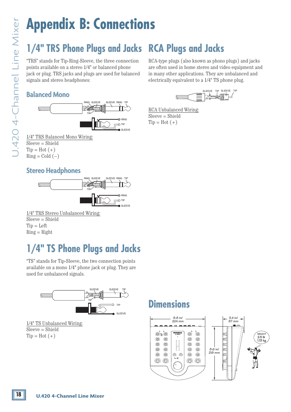 Appendix b: connections, 1/4" trs phone plugs and jacks, 1/4" ts phone plugs and jacks | Rca plugs and jacks, Dimensions, U. 4 20 4-channel line mix er, Balanced mono, Stereo headphones | MACKIE U.420 User Manual | Page 18 / 28