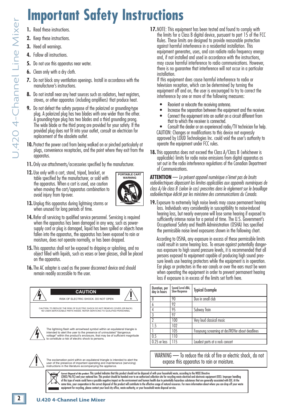 Important safety instructions, U. 4 20 4-channel line mix er | MACKIE U.420 User Manual | Page 2 / 28