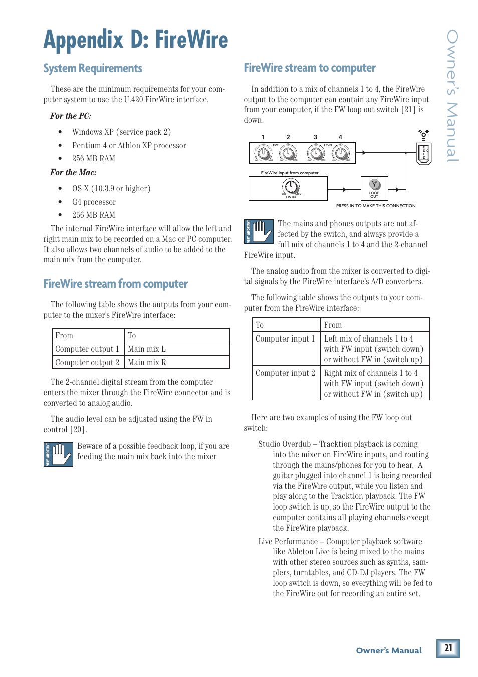 Appendix d: firewire, Owner’ s manual, System requirements | Firewire stream from computer, Firewire stream to computer, Owner’s manual | MACKIE U.420 User Manual | Page 21 / 28