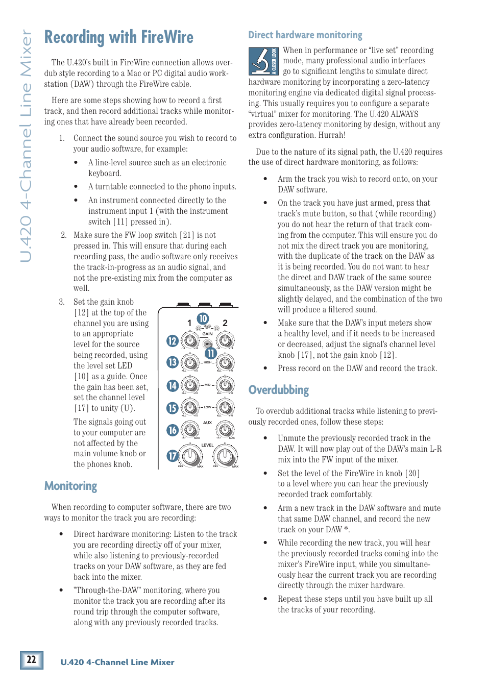 Recording with firewire, U. 4 20 4-channel line mix er, Monitoring | Overdubbing, Direct hardware monitoring, U.420 4-channel line mixer | MACKIE U.420 User Manual | Page 22 / 28