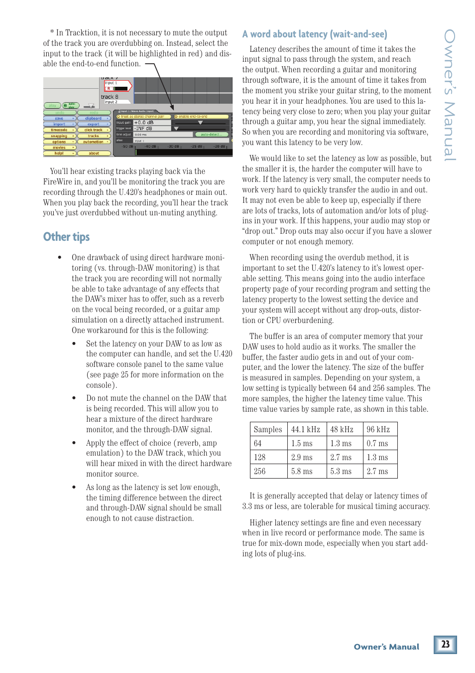 Owner’ s manual, Other tips, A word about latency (wait-and-see) | MACKIE U.420 User Manual | Page 23 / 28