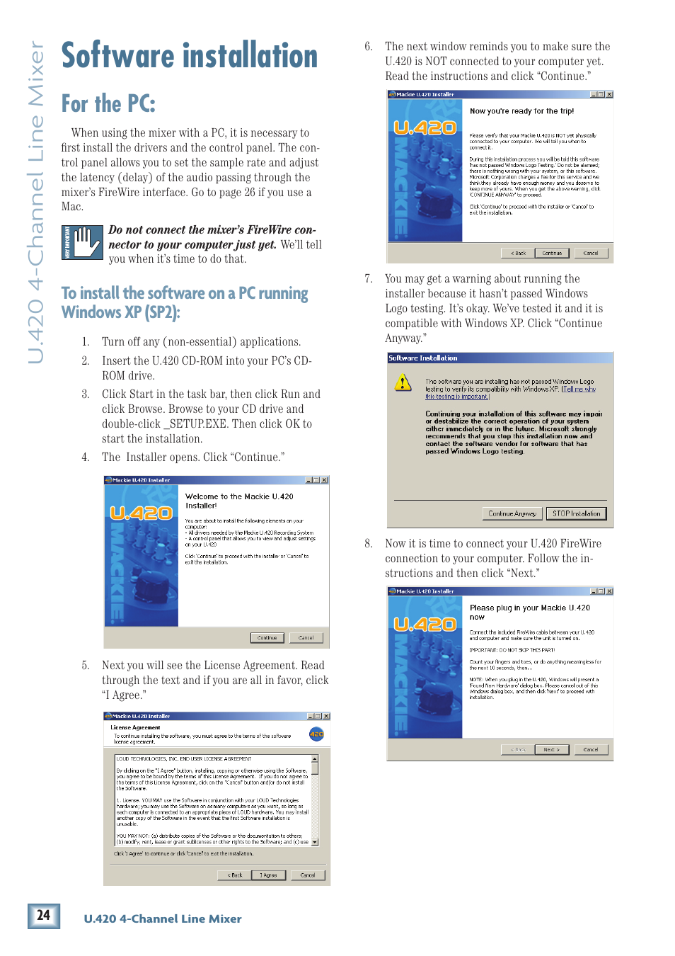 Software installation, For the pc, U. 4 20 4-channel line mix er | MACKIE U.420 User Manual | Page 24 / 28