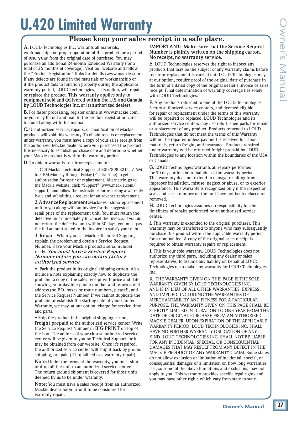 U.420 limited warranty, Owner’ s manual, Please keep your sales receipt in a safe place | MACKIE U.420 User Manual | Page 27 / 28
