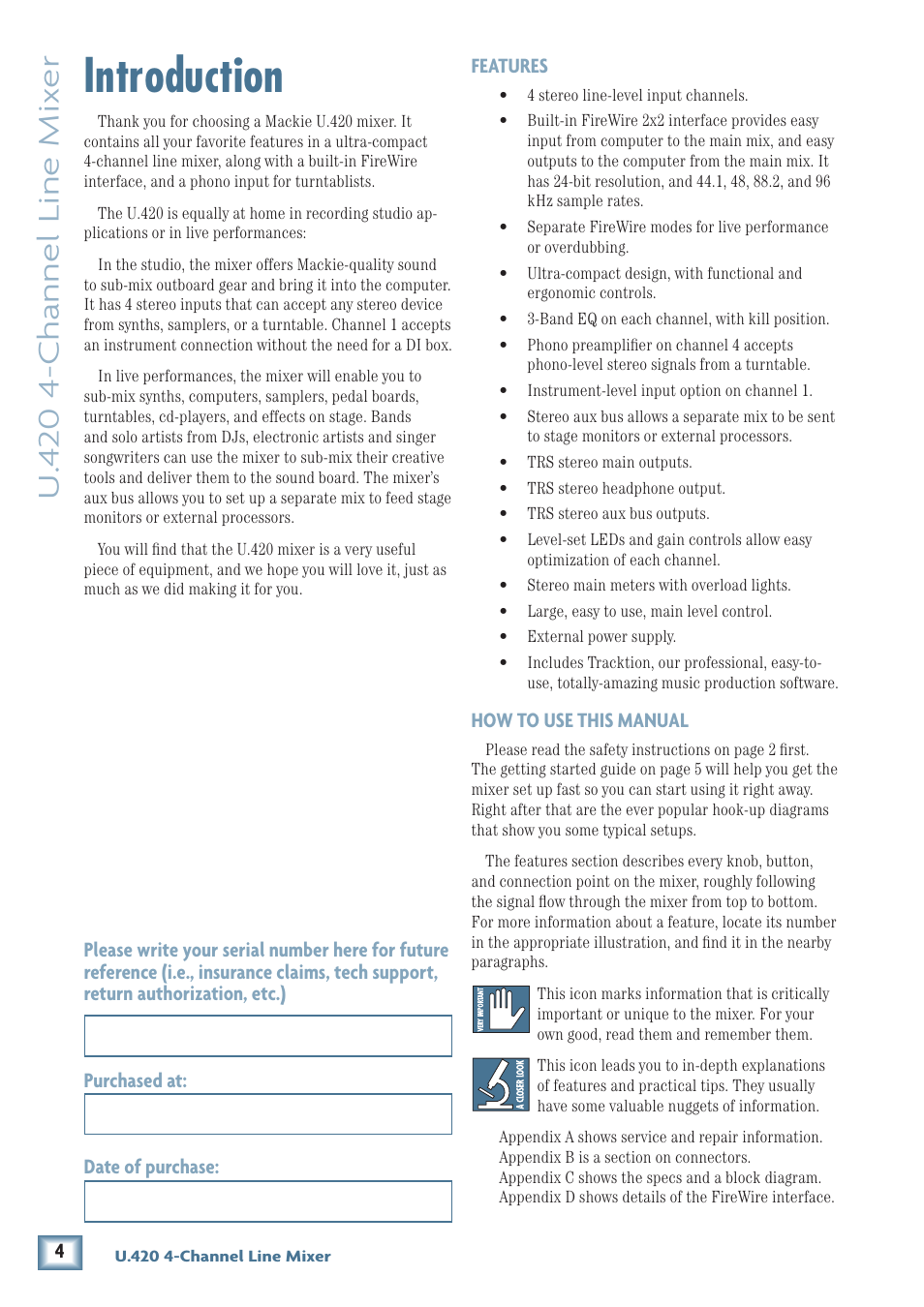 Introduction, U. 4 20 4-channel line mix er | MACKIE U.420 User Manual | Page 4 / 28