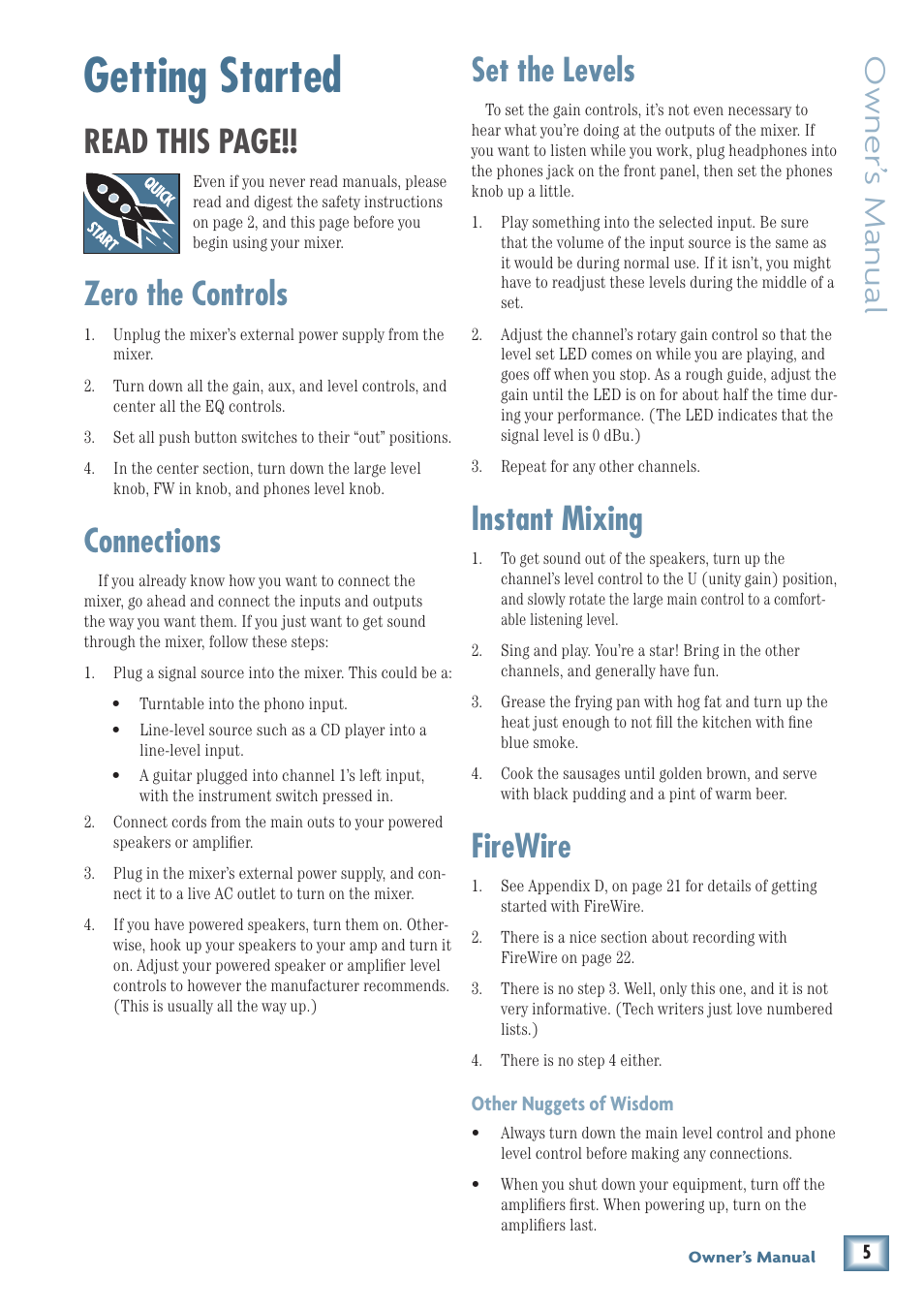 Getting started, Read this page, Zero the controls | Connections, Set the levels, Instant mixing, Firewire, Owner’ s manual | MACKIE U.420 User Manual | Page 5 / 28