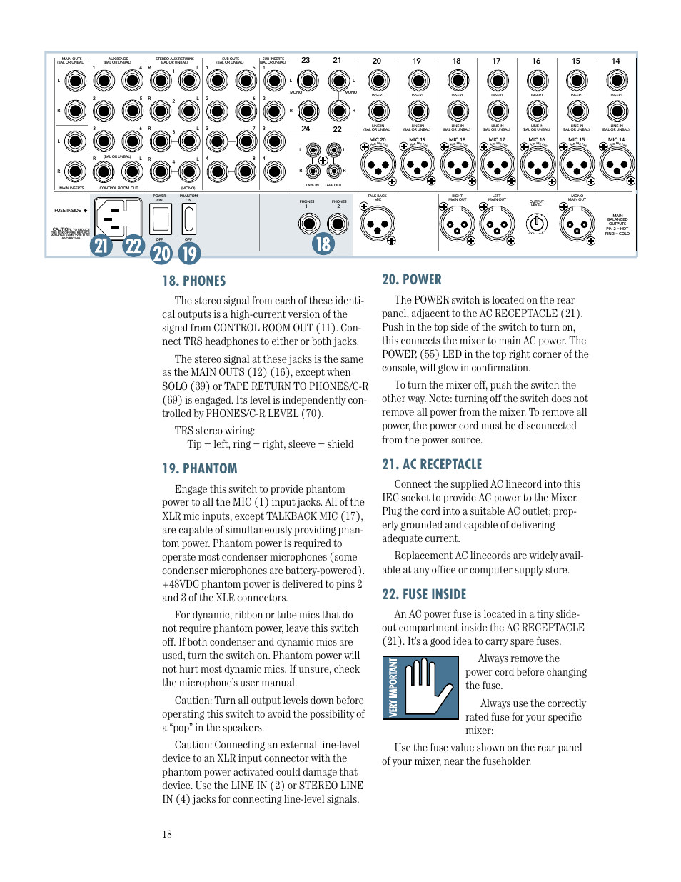 Phones, Phantom, Power | Ac receptacle, Fuse inside | MACKIE SR244-VLZ PRO User Manual | Page 18 / 31