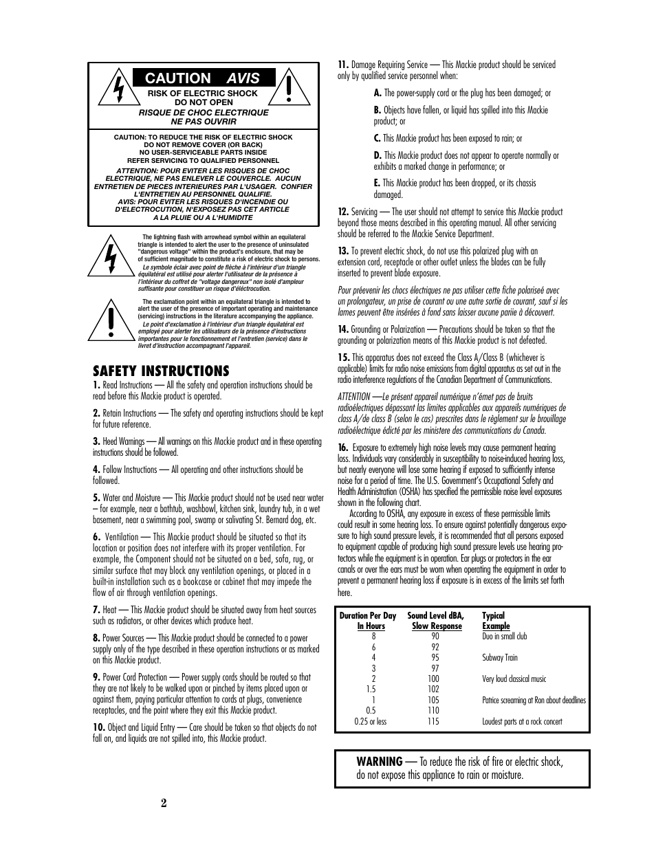 Caution avis, Safety instructions | MACKIE SR244-VLZ PRO User Manual | Page 2 / 31