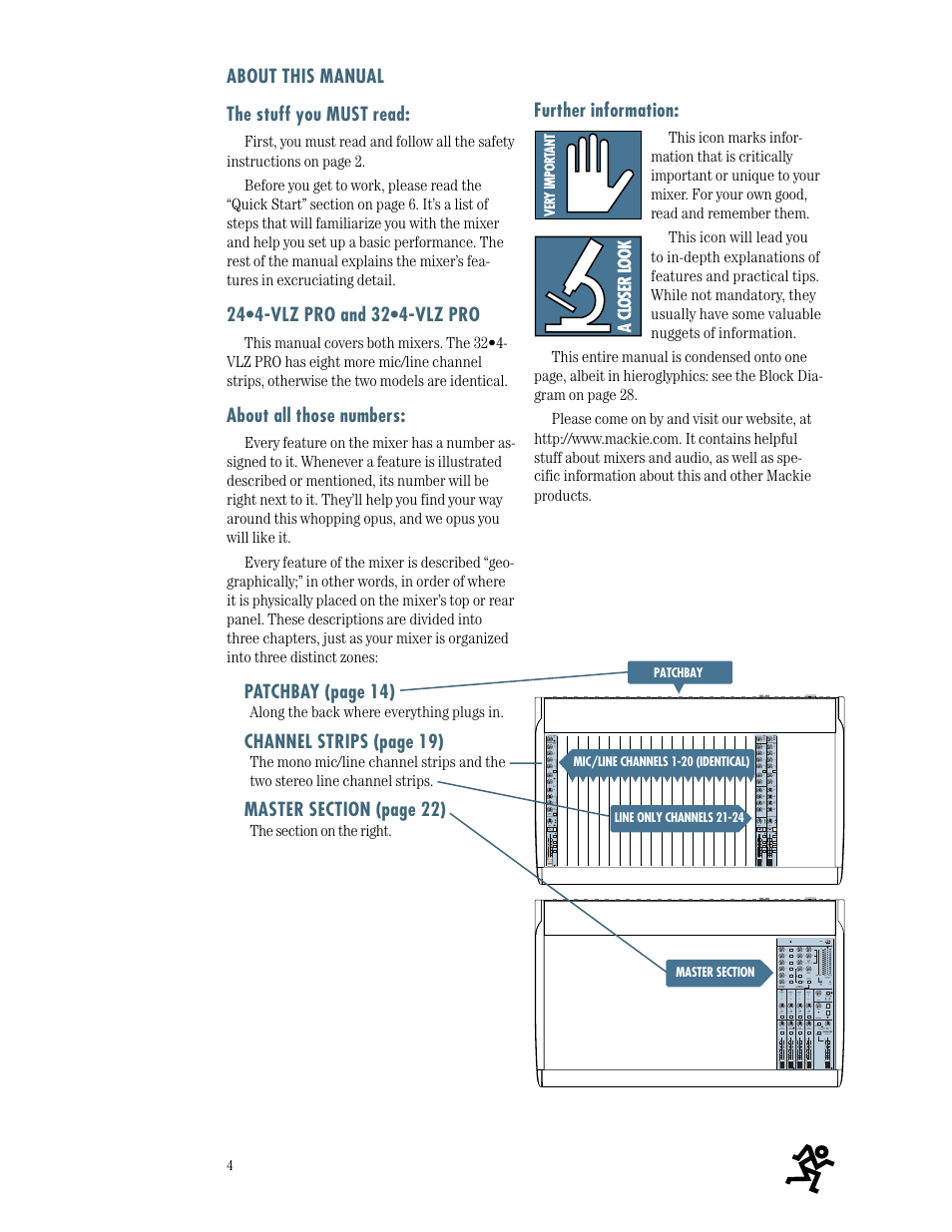 About this manual the stuff you must read, About all those numbers, Patchbay (page 14) | Channel strips (page 19), Further information | MACKIE SR244-VLZ PRO User Manual | Page 4 / 31