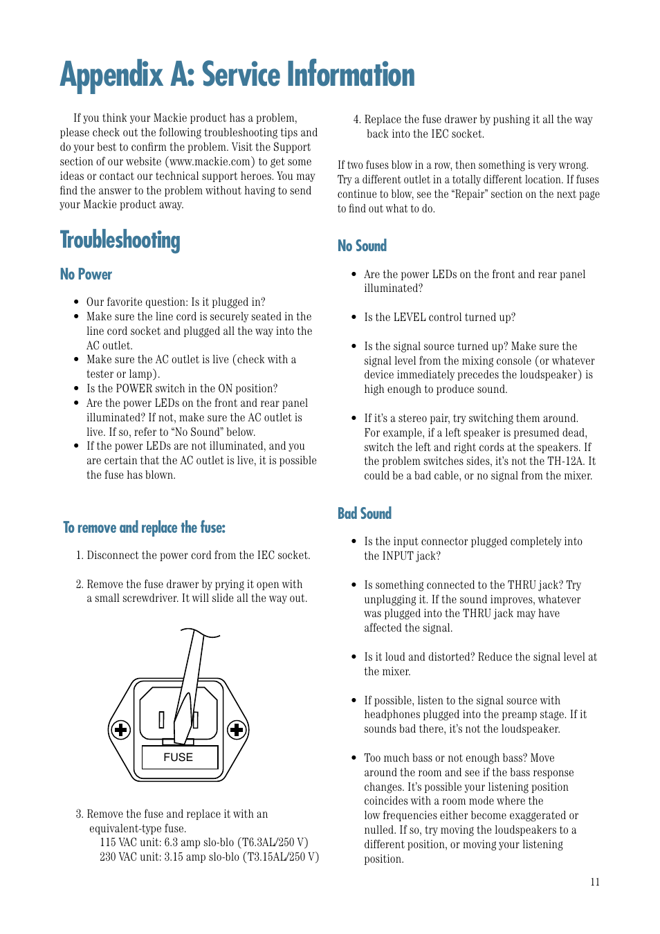 Appendix a: service information, Troubleshooting | MACKIE TH-12A User Manual | Page 11 / 17