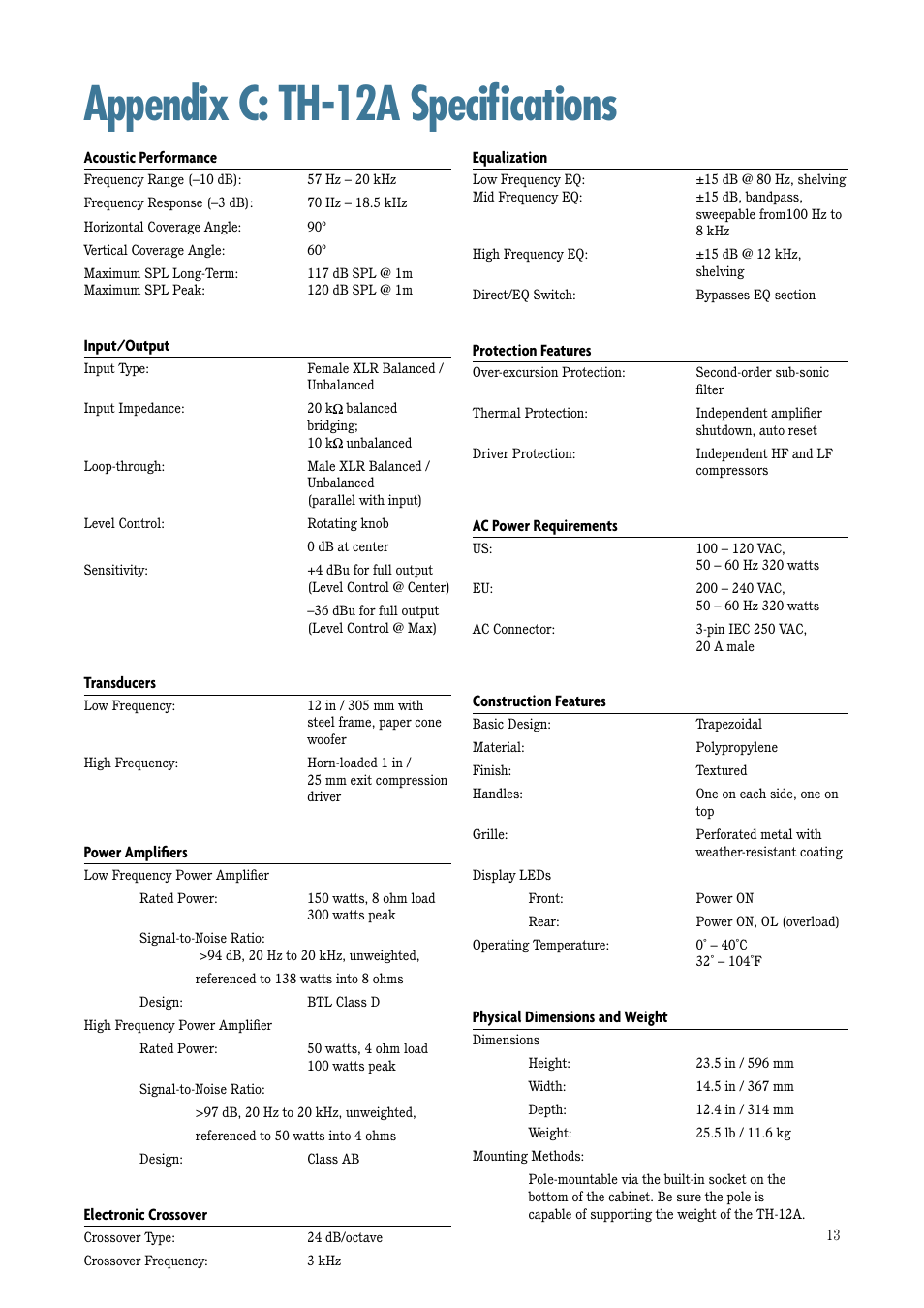 Appendix c: th-12a specifications | MACKIE TH-12A User Manual | Page 13 / 17