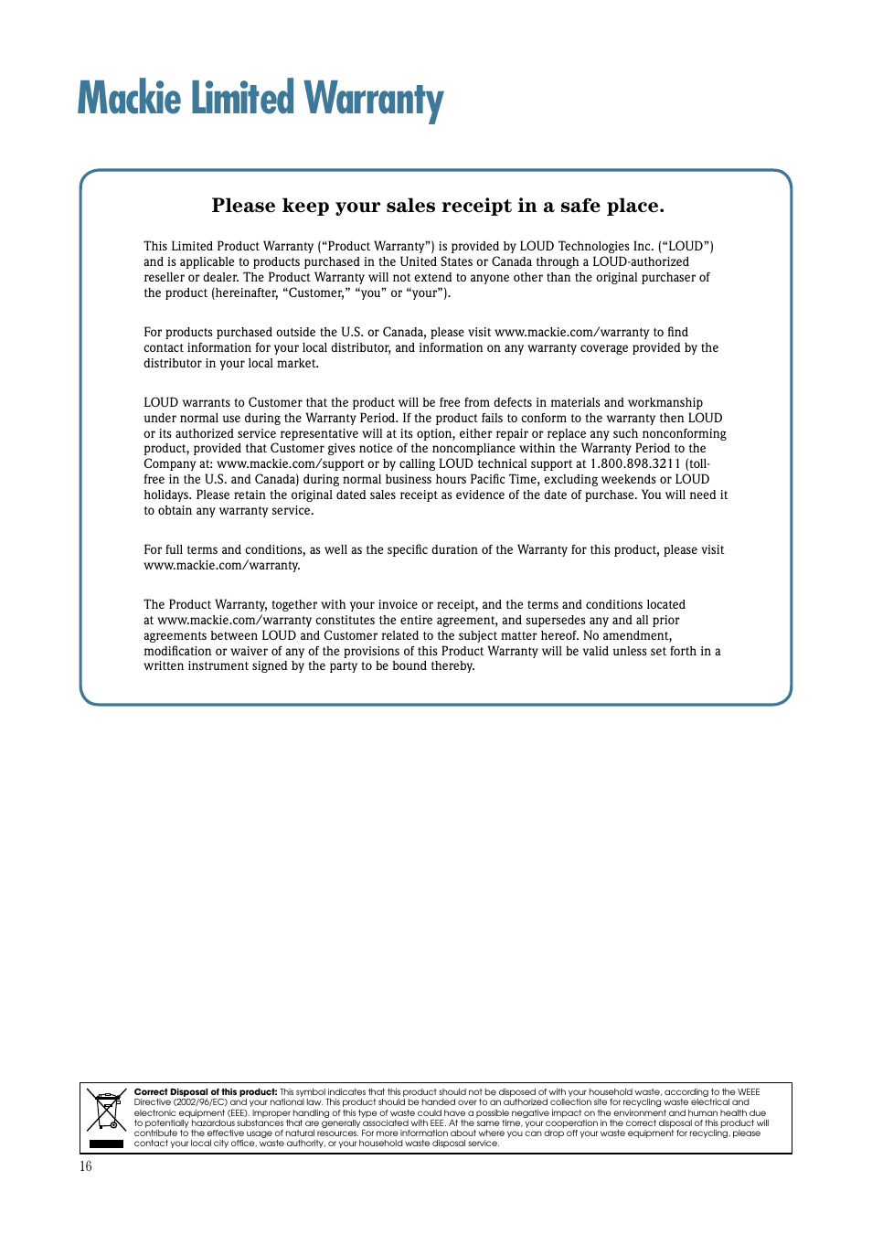 Mackie limited warranty, Please keep your sales receipt in a safe place | MACKIE TH-12A User Manual | Page 16 / 17