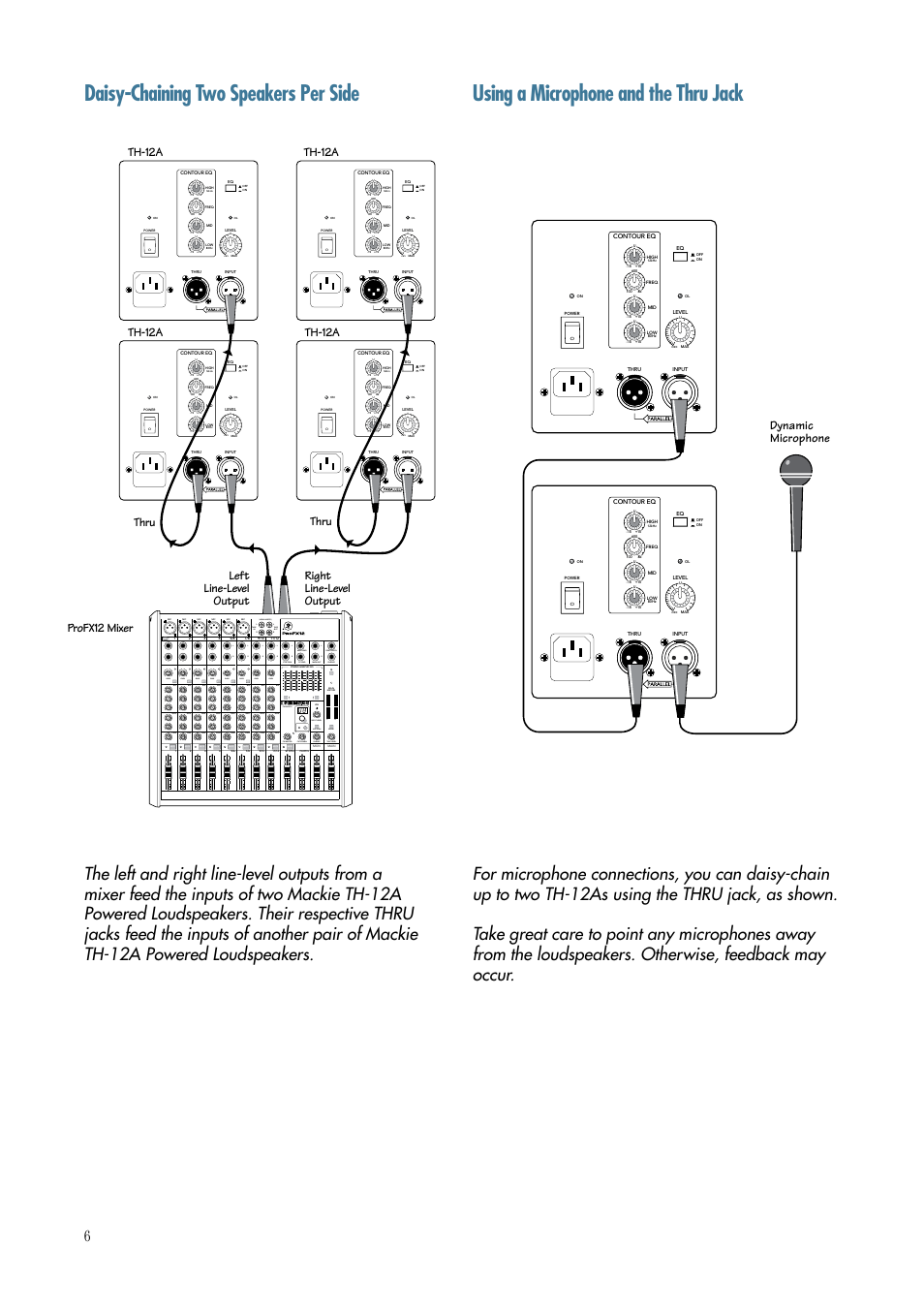 Daisy-chaining two speakers per side, Using a microphone and the thru jack, Unbalanced) | Fx send gain, Gain, Break tape level usb thru, Input level, Mute, Mute 48v, Th-12a | MACKIE TH-12A User Manual | Page 6 / 17