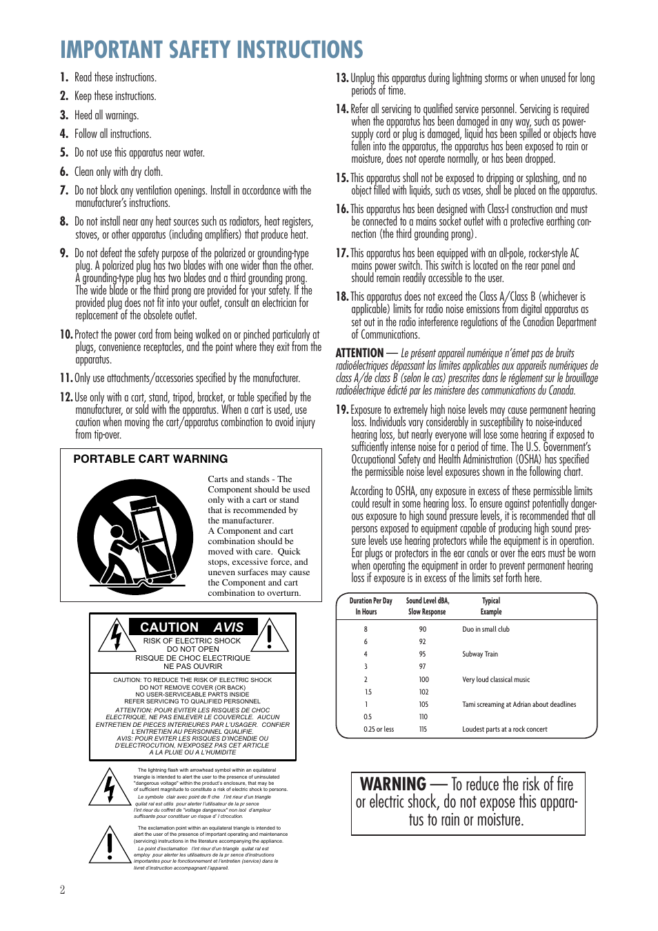 Important safety instructions, Caution avis | MACKIE SR1530Z User Manual | Page 2 / 12