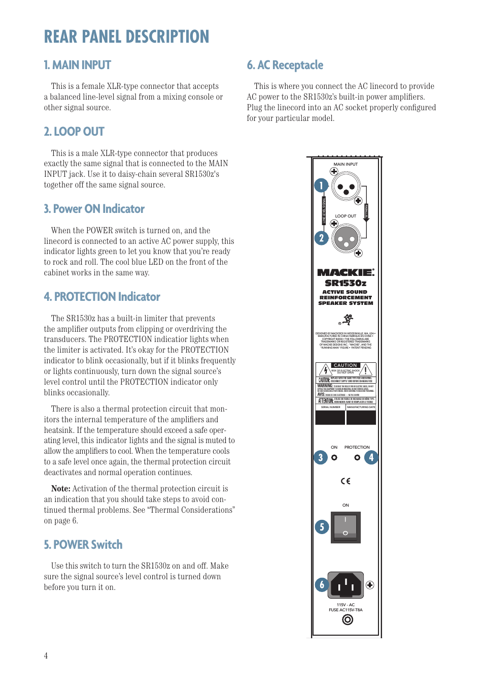 Rear panel description, Main input, Loop out | Power on indicator, Protection indicator, Power switch, Ac receptacle | MACKIE SR1530Z User Manual | Page 4 / 12