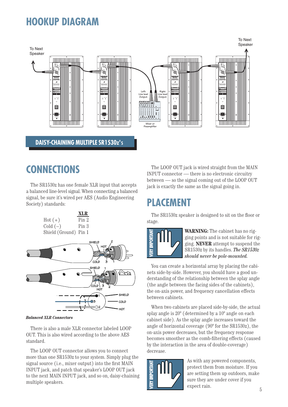 Hookup diagram, Connections, Placement | Hookup diagram connections placement, Daisy-chaining multiple sr1530z | MACKIE SR1530Z User Manual | Page 5 / 12